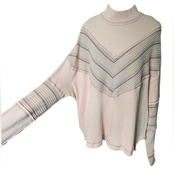 Miss Me Salmon Pink Purple Boho Hippie Retro Chevron Long Sleeve Mock Neck Top - Picture 2 of 10